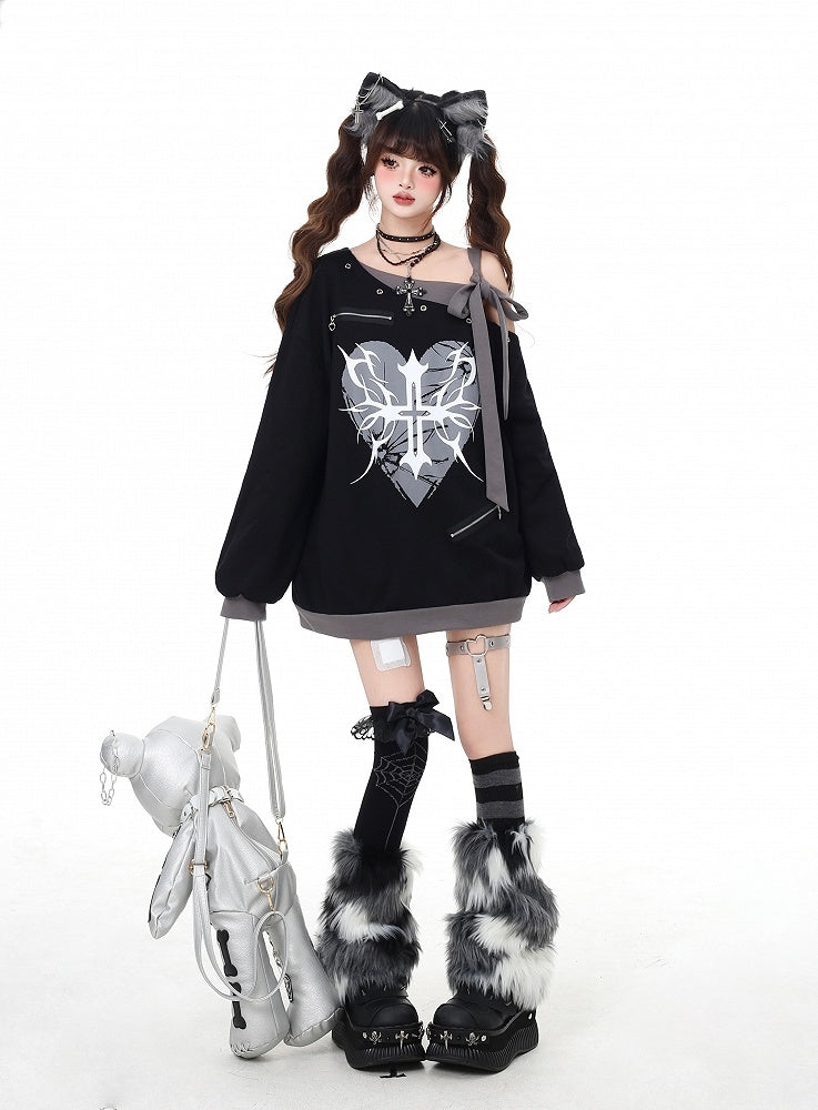 Black Asymmetrical Neckline Self-tie Strap Heart and Cross Print Sweatshirt