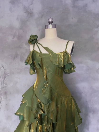 Green Asymmetrical Layered Flounce Spaghetti Strap Prom Dress Evening Gown