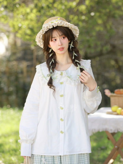 White Lace Trim Rounded Flat Collar Green Bow-Shaped Buttons Blouse