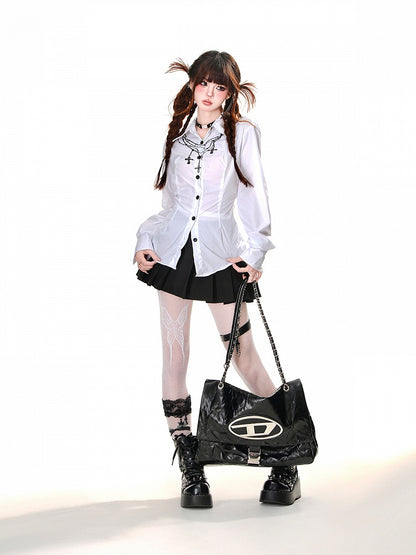 Back at White/Blue with Lace-up Detail Cross Chain Print Shirt