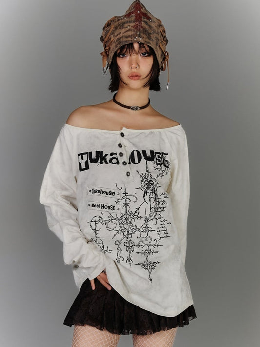 Apricot Off-the-shoulder Graphic Neckline Cotton Top Distressed