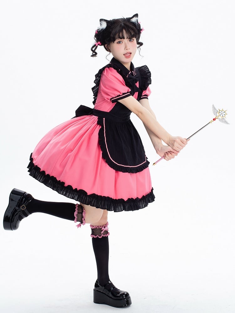 + and Black Sleeves Puff Maid Short Apron Dress Lolita Pink Kitty