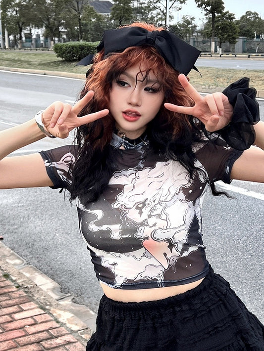 Print Cartoon Top Gyaru Sleeves Black Short Fashion