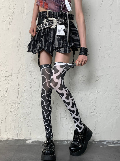 BlackWhite Overknee Y2K Design Asymmetrical Stockings