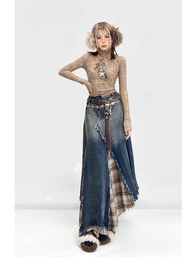Jupe patchwork en denim et à carreaux avec ourlet asymétrique