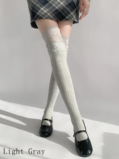 Lace Gray/Beige/Light Gray White/Black/Dark Knitted Over-knee Trim Stockings