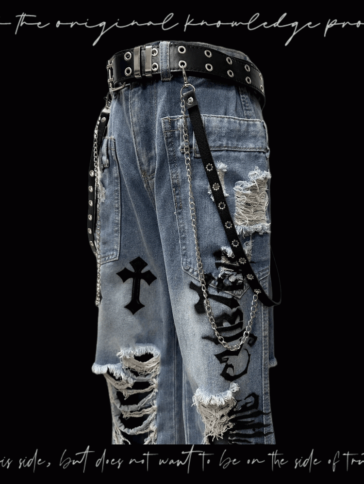 Jeans Wash Glamorous Flared Faded Blue Distressed Holes Cross Appliques