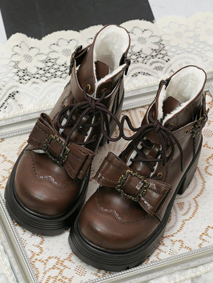 Brown Fleece Lined Bow Accent Platform Ankle Boots