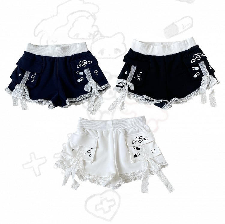 Jirai Kei Navy Blue Lace Adorned Landmine Style Sporty Shorts