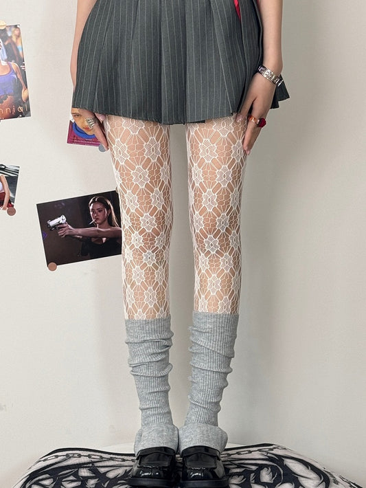 Tights Floral Pattern White/Purple Sweet Lolita