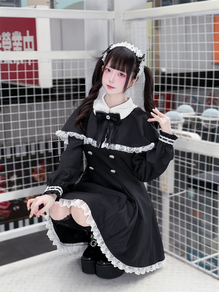 Tie Dress Kei Trim Bow Lace Winter for Free Jirai Cape White + Fall : Black