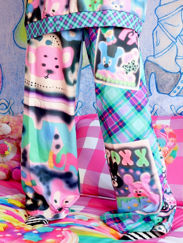 Pants And Flare Letter Cartoon Pattern Silhouette Y2K Colorful Plaid Print