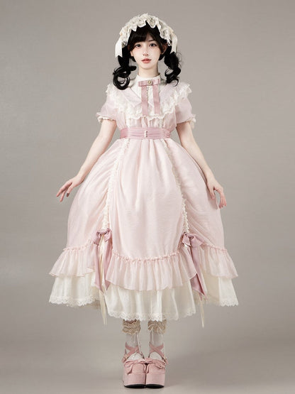 with Belt Pink Waist Versatile and Drawstring Lolita Bows Design Fashion Dress