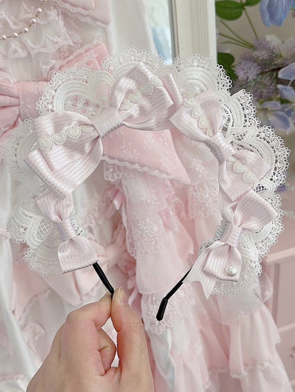 Details Pattern KC Heart Pink Lace Striped Trim Bowknot Decorated