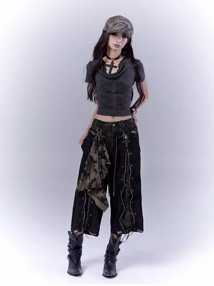 Distressed Rock Straight-leg Jeans Punk Camouflage Lace-up Front