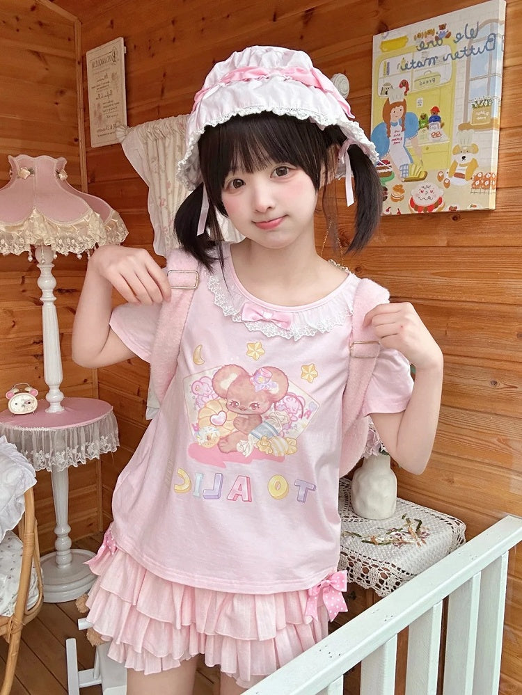 Short Version Adorable Mouse Print White/Pink Lace Trim T-Shirt