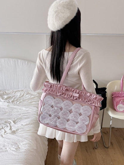 Light Pink Ruffle Trim Rhinestone Bowknot Ita Tote Bag