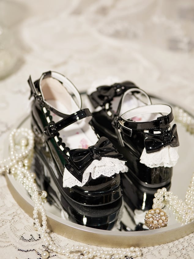 Platforms Bow Black Top Lace at Trim Buckles Heart