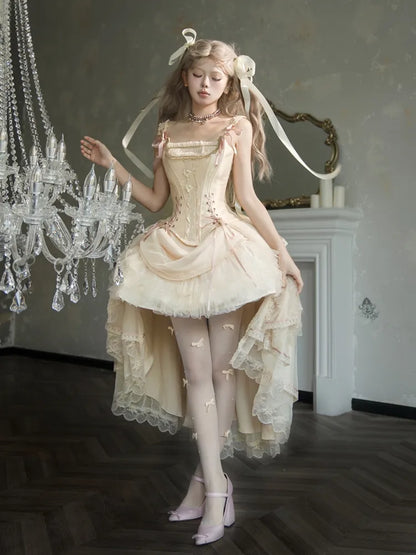 Champagne Lace-up Details Boned Corset Top + High-low Layered Lolita Skirt