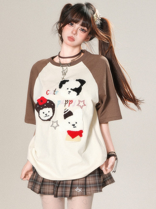 T-shirt Plush Kawaii Beige/Blue Puppy Letter Applique Embroidery Daily