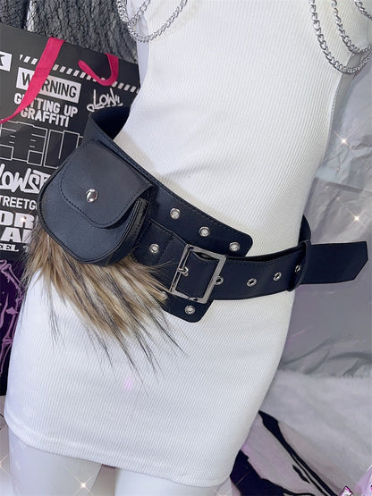 Black Faux Fur Trim Buckle Belt+ Snap Waist Bag
