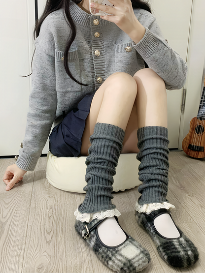 Coffee Sweet Lace Trim Knitted Leg Warmers