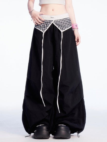 Patchwork Weites Bein Freizeithose Plaid Taille Kordelzug Bündchen Schwarz