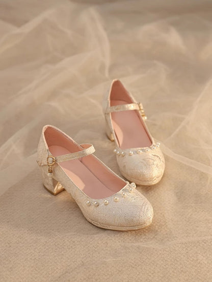 Beige Heels Pattern Lolita Floral Block Mid Details Beads Qi Satin -