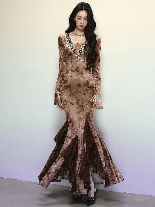 Robe de soirée en velours à paillettes café, col en V, taille haute, dentelle, patchwork, volants, jupe sirène