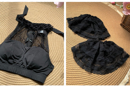 Sleeves Detachable Halter Lace Top Black with Neck Flutter Cropped