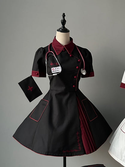 Black and Red Halloween Costume Nurse Lolita Dress Full Set