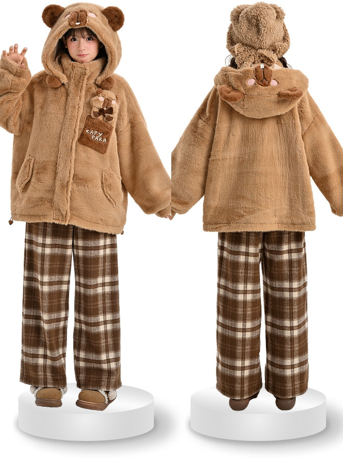 Cute Capybara Adorned Brown Plush Zip Hoodie