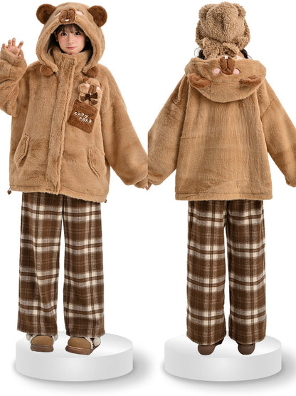 Cute Capybara Adorned Brown Plush Zip Hoodie