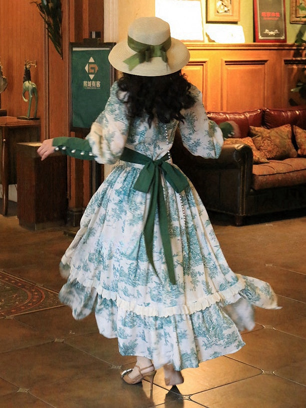 Robe vintage vert foncé à encolure carrée et manches gigot en dentelle florale
