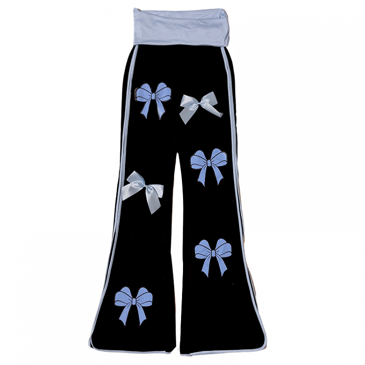Pantalon évasé à taille haute noir avec nœuds bleus