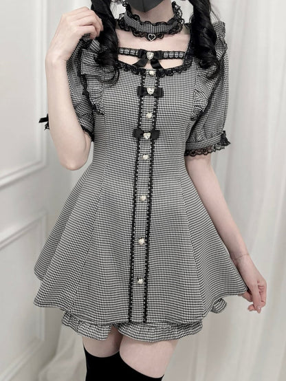 Set - Flutter Sleeves Self-tie Bow Back Mini Dress + Shorts Houndstooth Jirai Kei + Choker