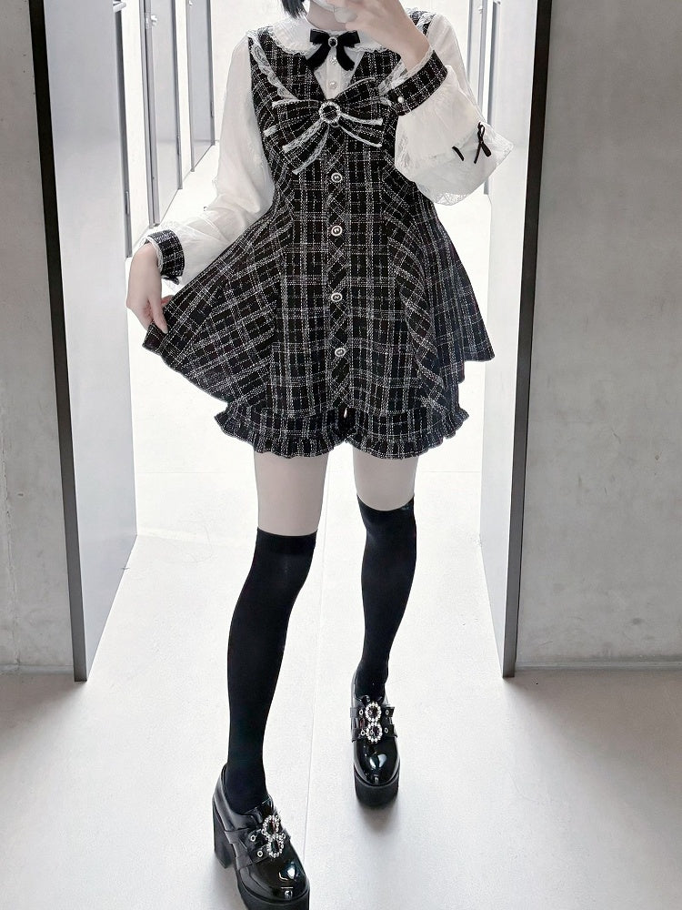 Mini Dress with Shorts Bow Set Detachable Big Jirai Kei Black  White Tweed Peter Pan Collar