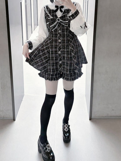 Mini Dress with Shorts Bow Set Detachable Big Jirai Kei Black  White Tweed Peter Pan Collar