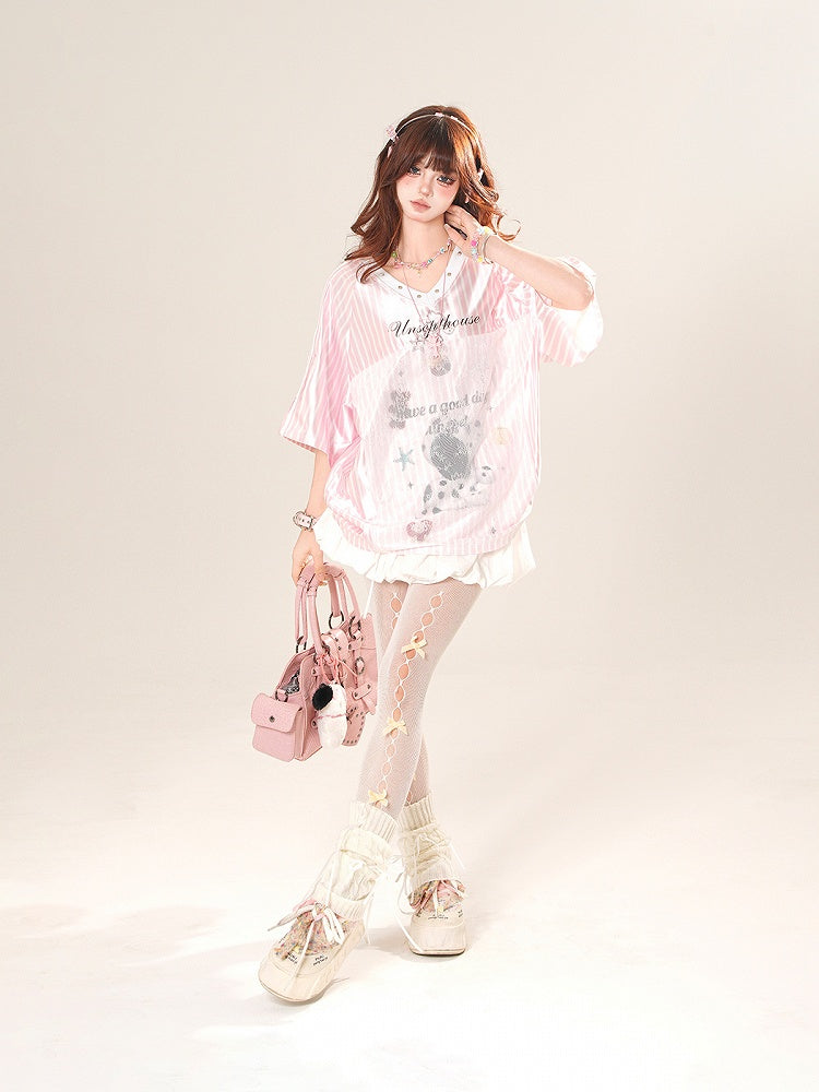 Pink/Silver Blokette Core V-Neck Striped T-Shirt