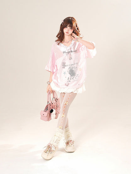 Pink/Silver Blokette Core V-Neck Striped T-Shirt