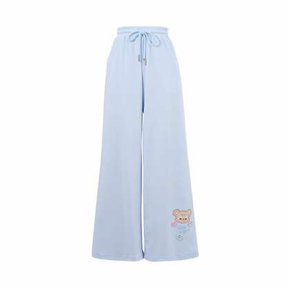 Wide-Leg Casual Pants Blue Drawstring Waist Bear Print Cuff