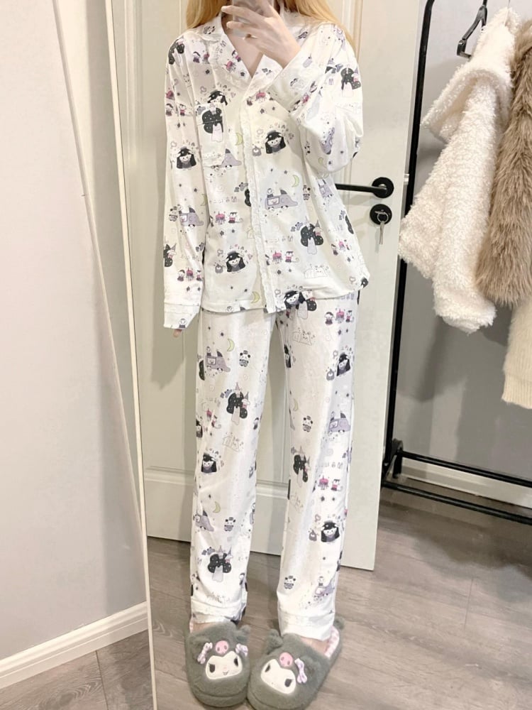 White Lace Trim Cartoon Pajama Set