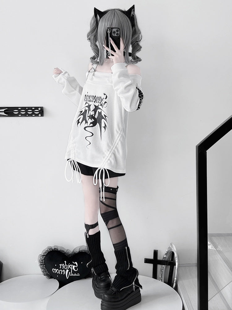 White Off-the-shoulder Neckline Drawstring Design Punk Top