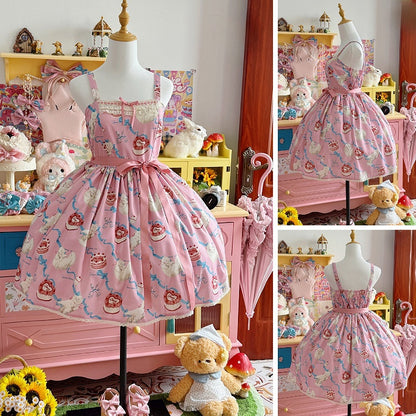 Fluffy Showa Jumper Pink Kitty Cute Lolita Print Sweet Skirt Dress