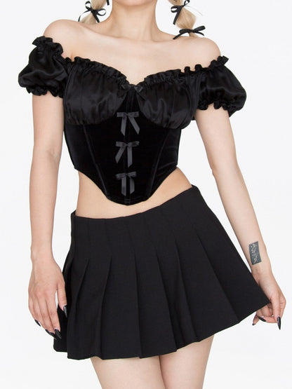Black Ruffled Off-the-shoulder Neckline Curved Hem Bowknots Top