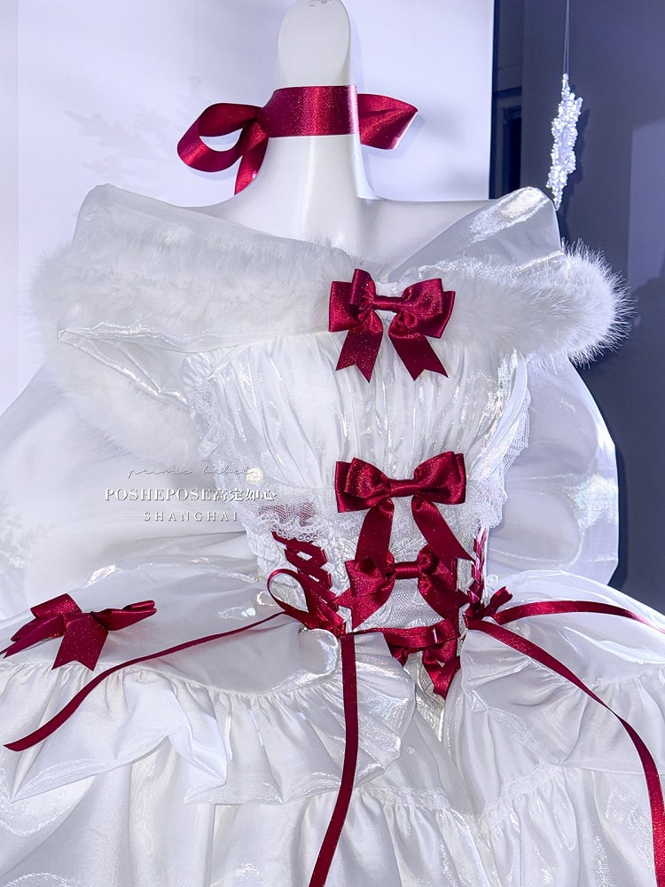 Snowy White Christmas Dress Red Bows Adorned Basque Waist Dress with Big Bow Cascading Train