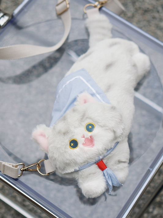 Sac bandoulière en peluche gris en forme de chat mignon