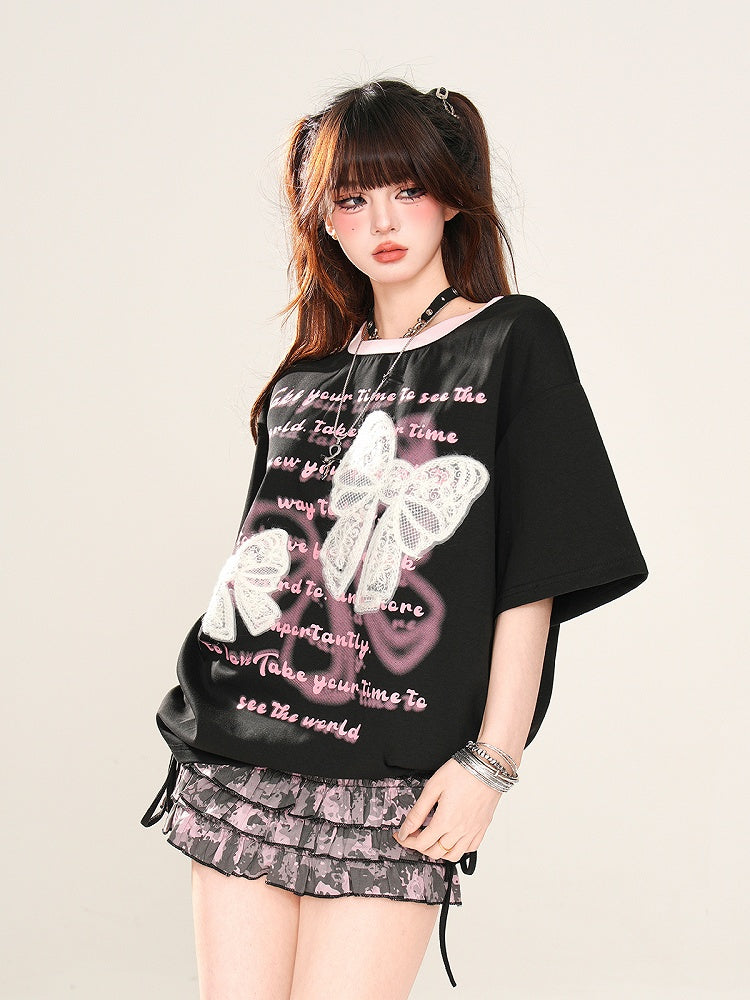 Black/White Lace Bow Appliques Drawstring Waist Sweet Graphic T-Shirt