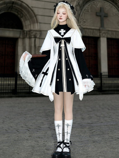 White and Black Nun Lolita Dress Full Set-Bell Sleeves Nun Dress + White Cape + Black Bow Accessory