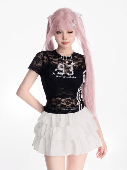 Spitzen T-Shirt Rundhals Zahlen Print Halbtransparent Schwarz/Weiß